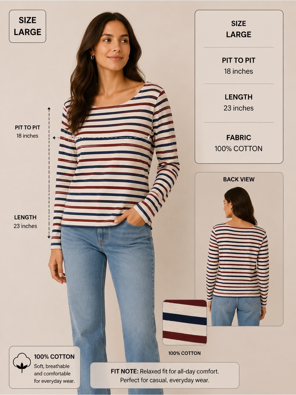 J. Crew Striped Long-Sleeve Cotton Tee in Navy, Cream & Burgundy